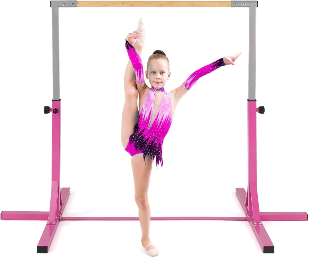Sbarra per Ginnastica e Danza per Bambini e Bambine, Barra Ginnastica in Metallo e bambù Portatile e Regolabile in Altezza con Cuscinetti Antiscivolo, 195 x 121 x 85-145 cm