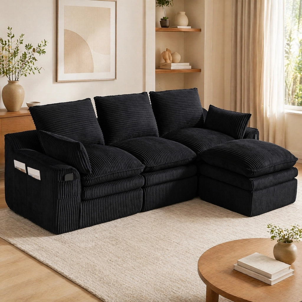 Divano componibile a 3 posti in corduroy nero con pouf, cuscini e tasche laterali, con schiuma a 3 strati e molle