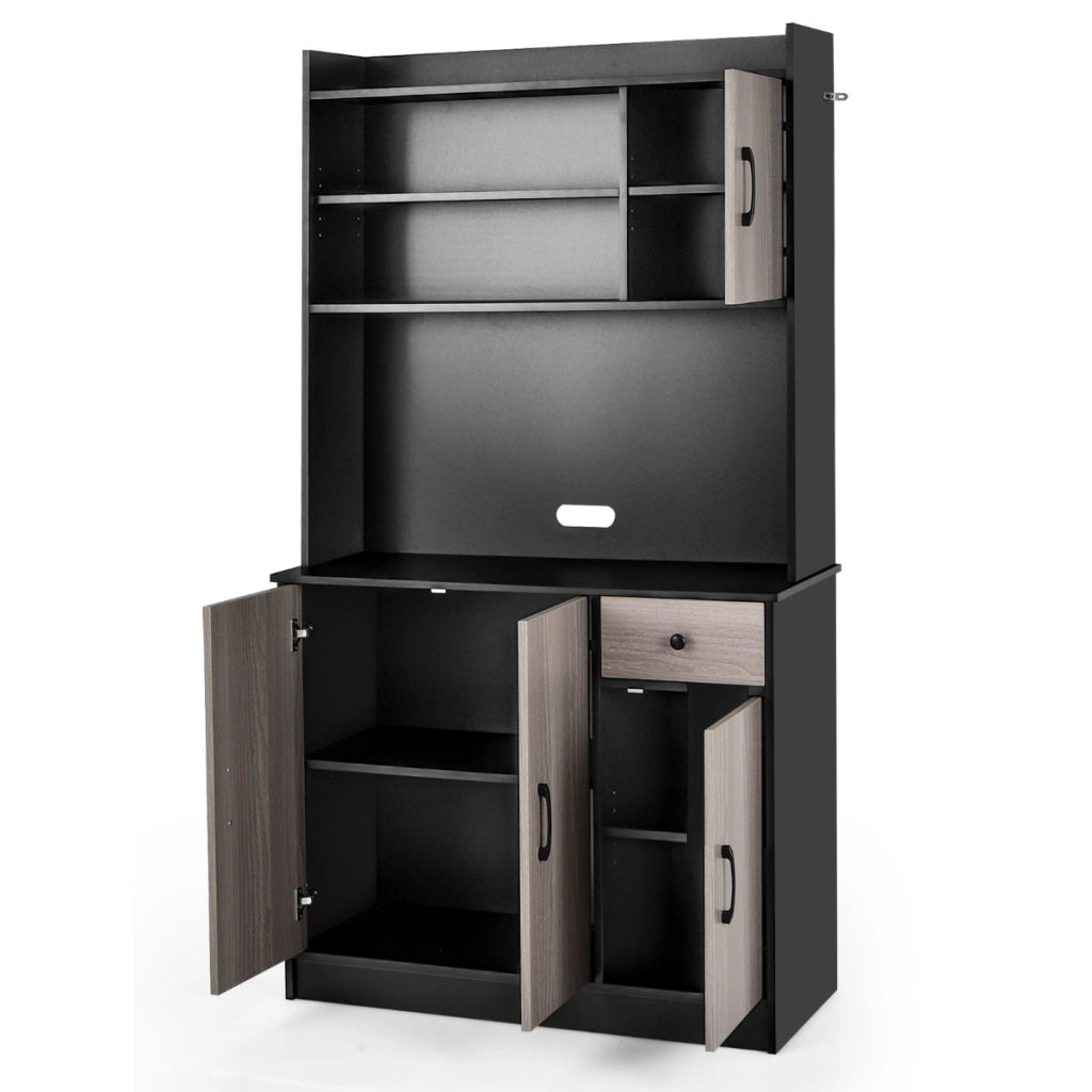 Armadio da cucina alto-Buffet-Armadio da cucina 180cm con stazione di ricarica integrata, Buffet con vetrina piano per microonde cassetto Nero