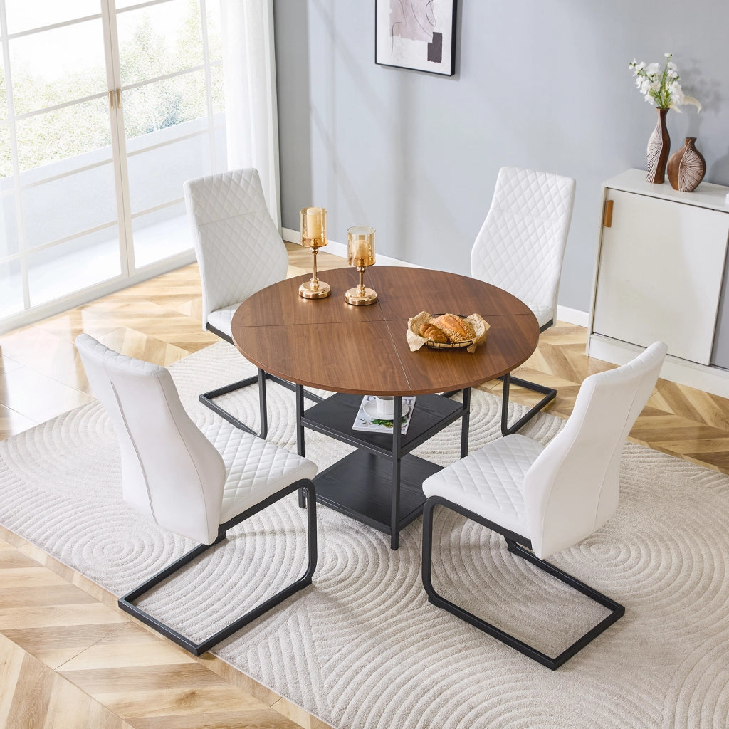 Set tavolo da pranzo e sedie con 1 tavolo rotondo e 4 sedie; 2 ripiani; in MDF e metallo noce; bianco e nero