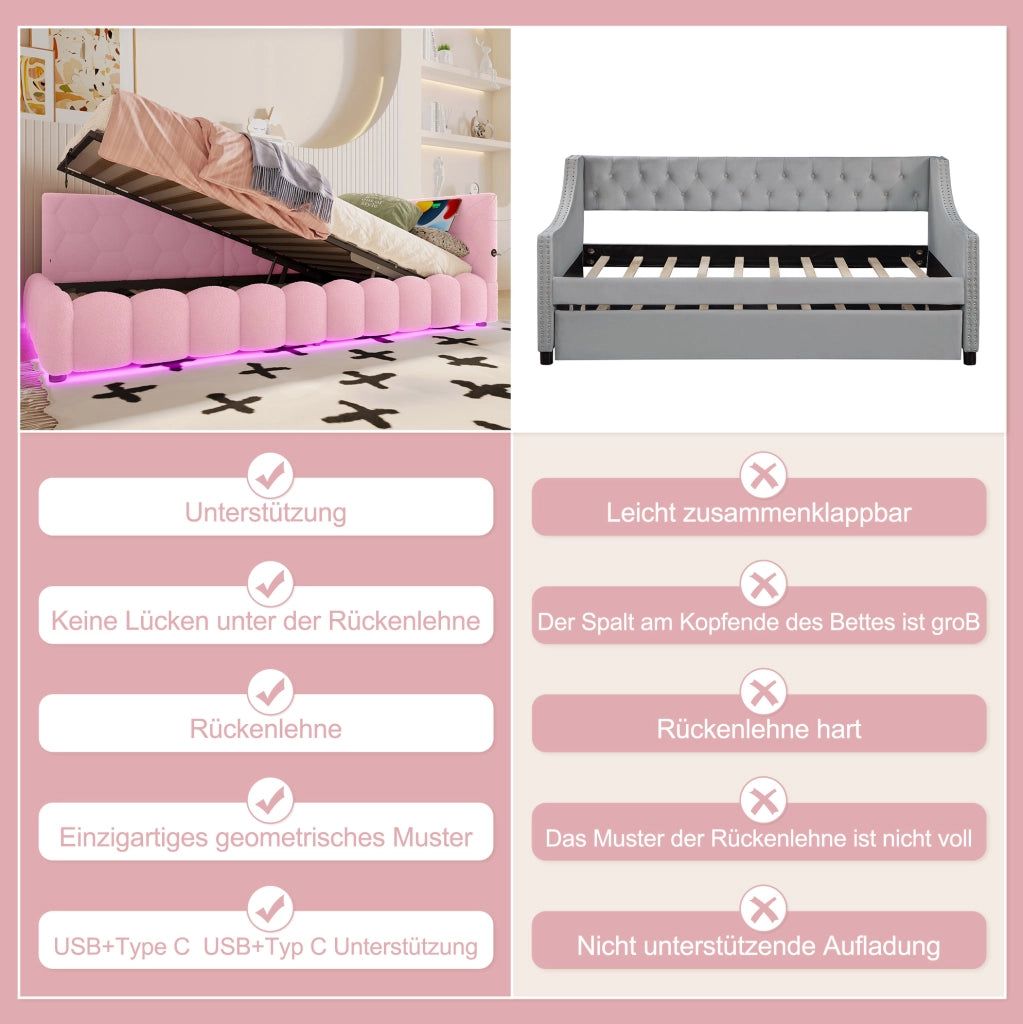 Daybed imbottito con alzata idraulica, LED e porte USB/Tipo C
