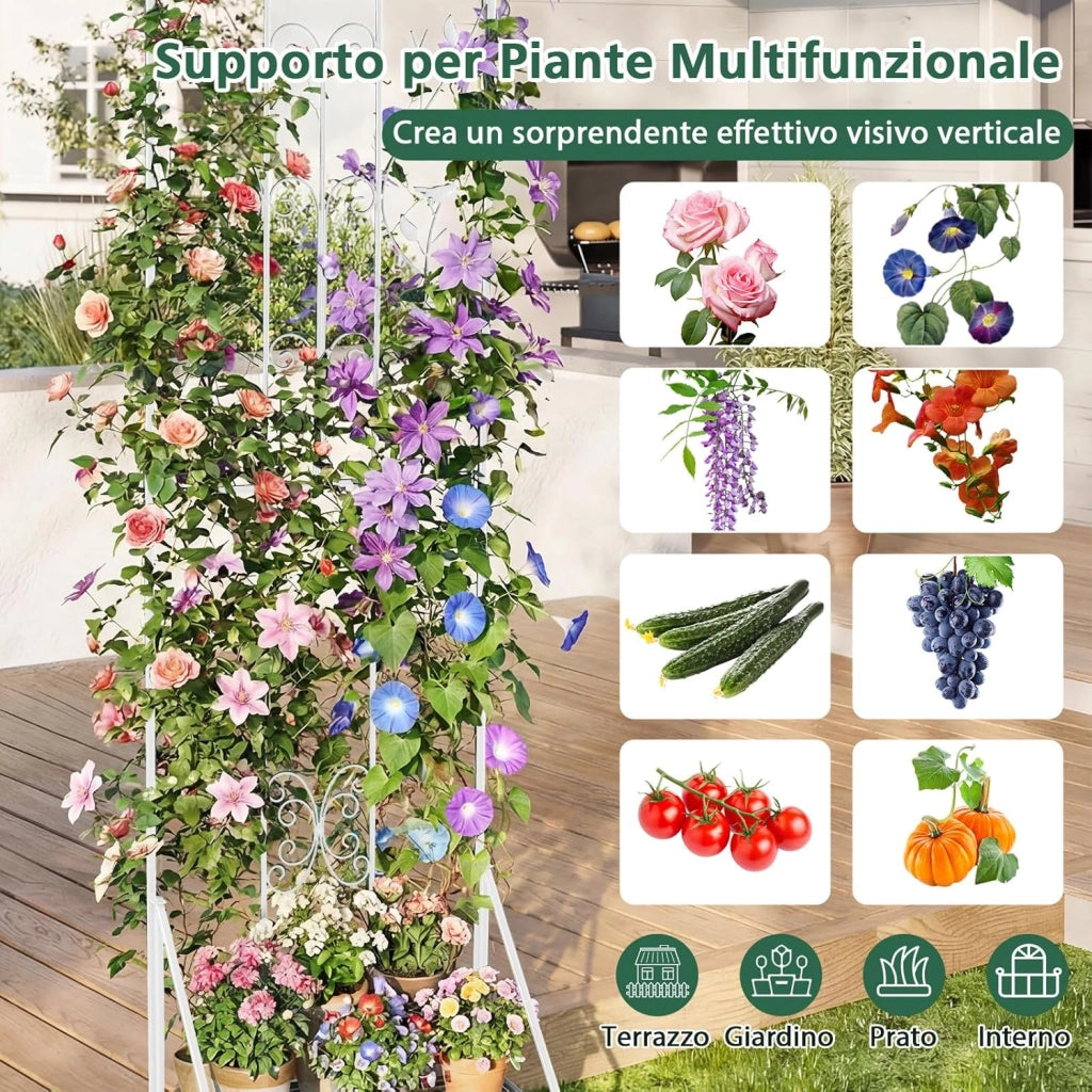 Traliccio per Rampicanti Metallo con Ripiano Pieghevole, Graticcio per Piante da Esterno, Griglia per Piante Rampicanti per Giardino, Cortile e Patio, 50 x 30 x 189,5 cm (Bianco,1)