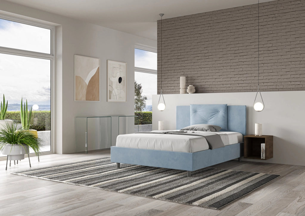 BS COM Letto una piazza e mezza con rete imbottito 130x200 microfibra azzurro