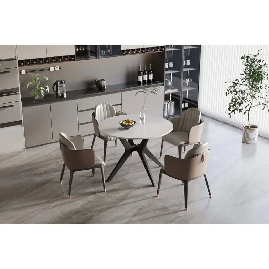 Tavolo da pranzo rotondo ARVENA – 110 cm – Piano in pietra sinterizzata – Colore bianco – Design metallo elegante