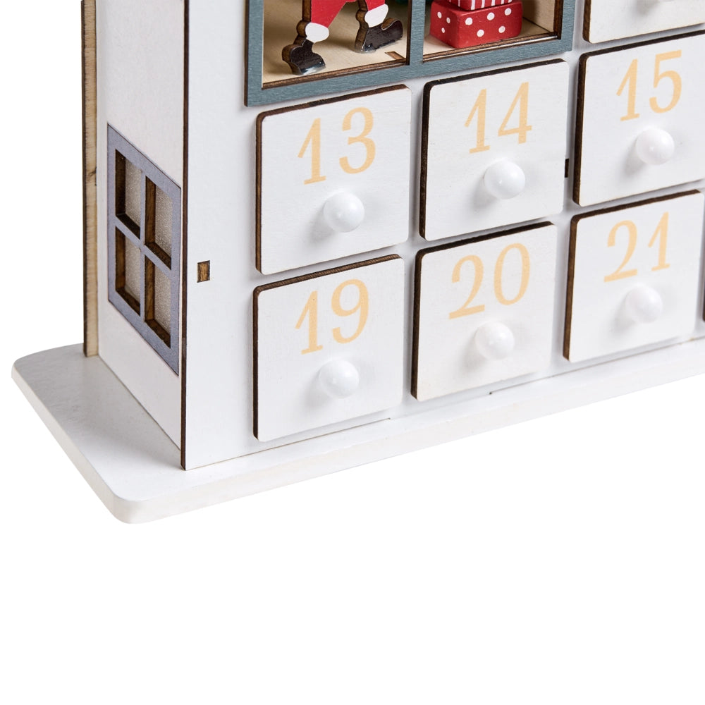 Accogliente decorazione natalizia a LED con figurine a forma di casetta in legno Calendario dell'Avvento bianco
