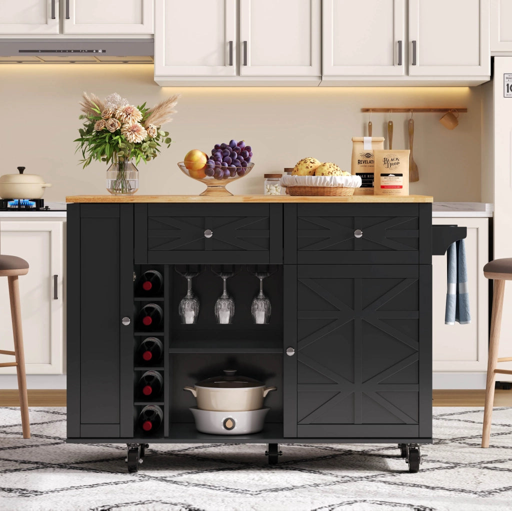 Carrello isola cucina 120x45(70)x89 cm con piano pieghevole in MDF nero