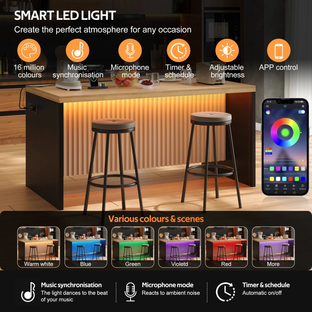 Mobile cucina con LED, 2 prese e 2 USB, piano da 40 mm, per cucina aperta, in MDF nero e naturale 155 × 80 × 90 cm
