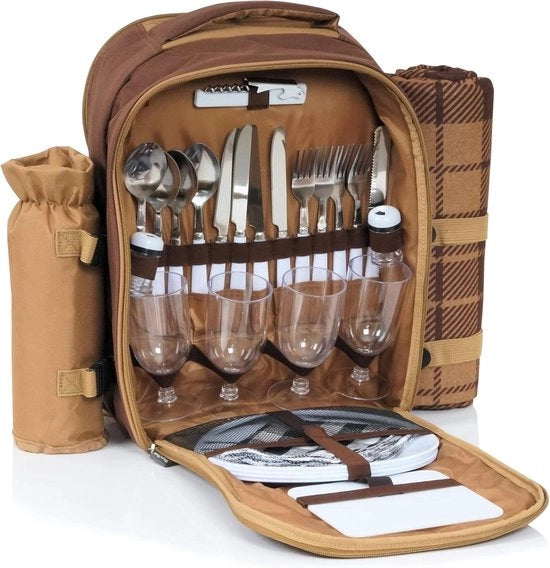 Set di picnic per 4 persone (marrone) | Set di picnic 32 pezzi | inclusa brocca e coperta di velluto, grande contenitore per alimenti freschi, servizio da tavola e posate