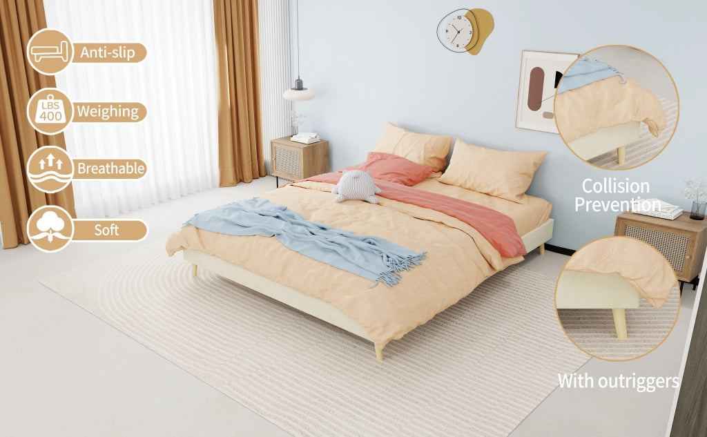 DESMIU Letto matrimoniale 160 × 200 cm senza materasso, in tessuto e metallo, beige, con design geometrico