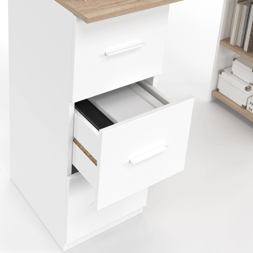 MAE Scrivania dritta a 3 cassetti con ripiani in legno e bianco