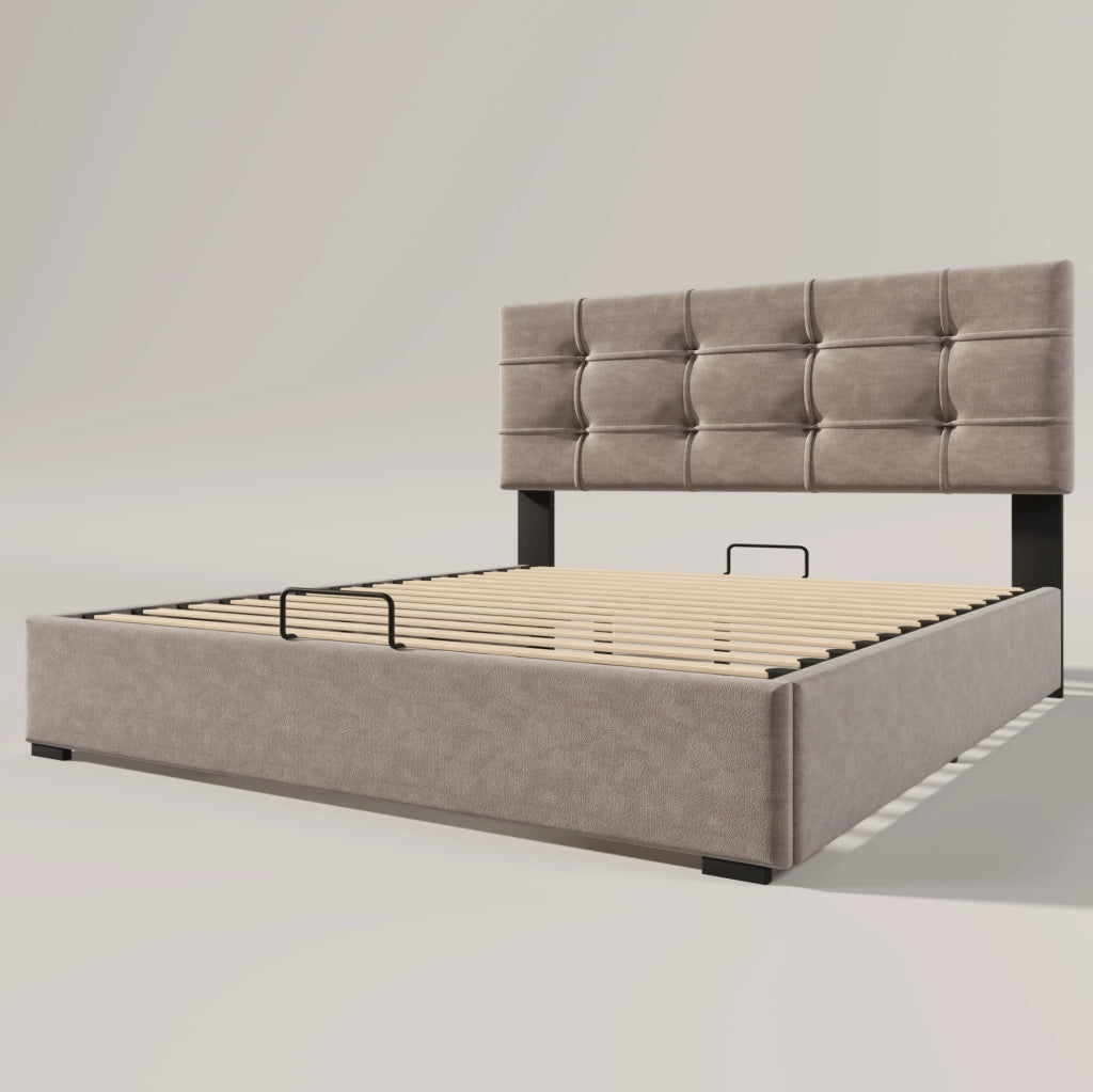 Letto matrimoniale imbottito 140x200 cm in velluto grigio chiaro con contenitore e testiera regolabile