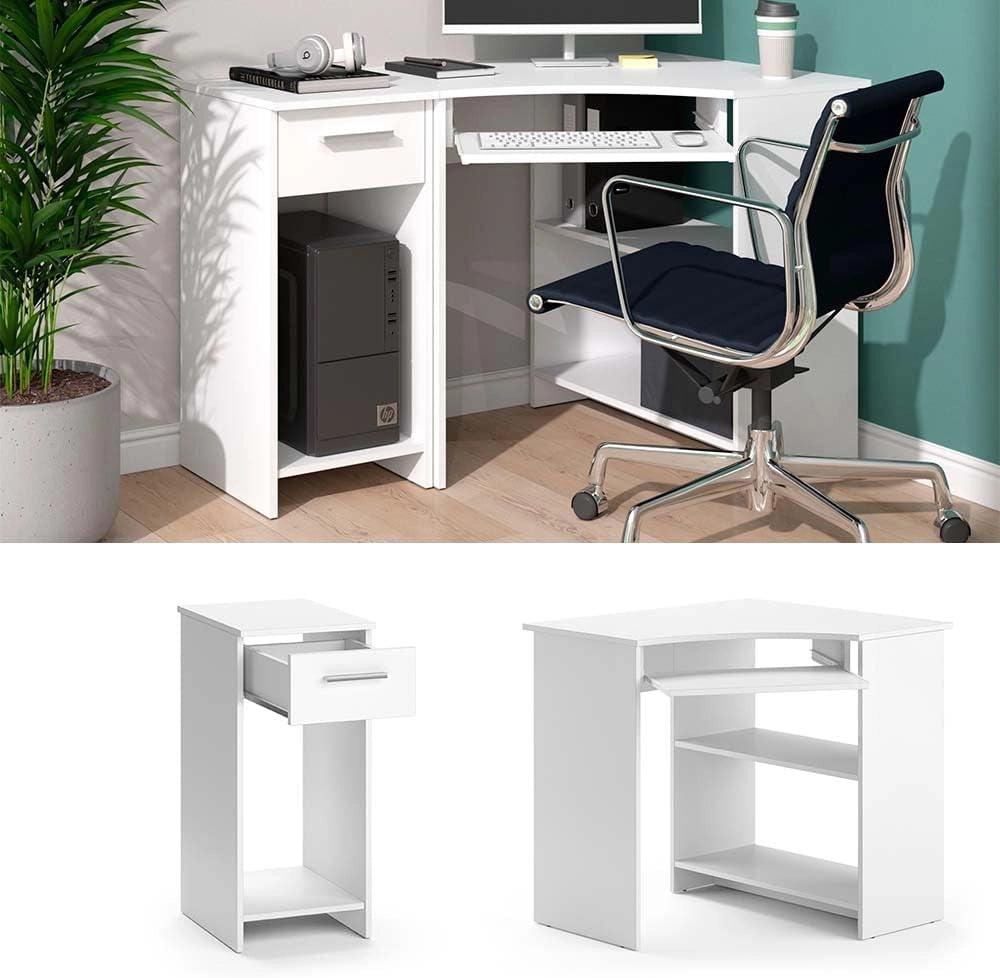 Scrivania angolare Odin, Bianco, 83 x 76 cm Set con armadio PC, con ripiano estraibile per tastiera e vano aperto per dispositivi