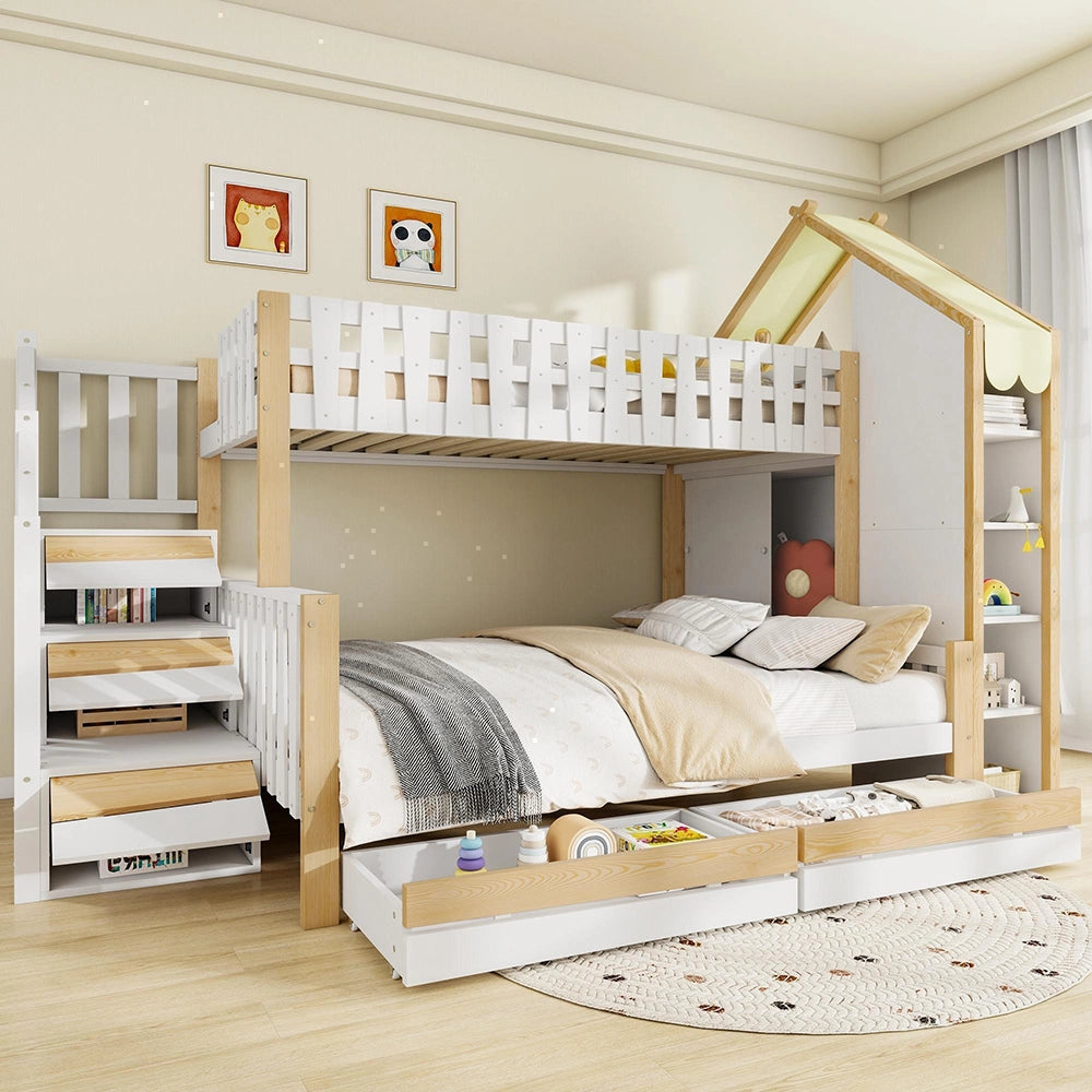 Letto a castello-Xylo-90x200+140x200cm, 2 cassetti, barriera, scala
