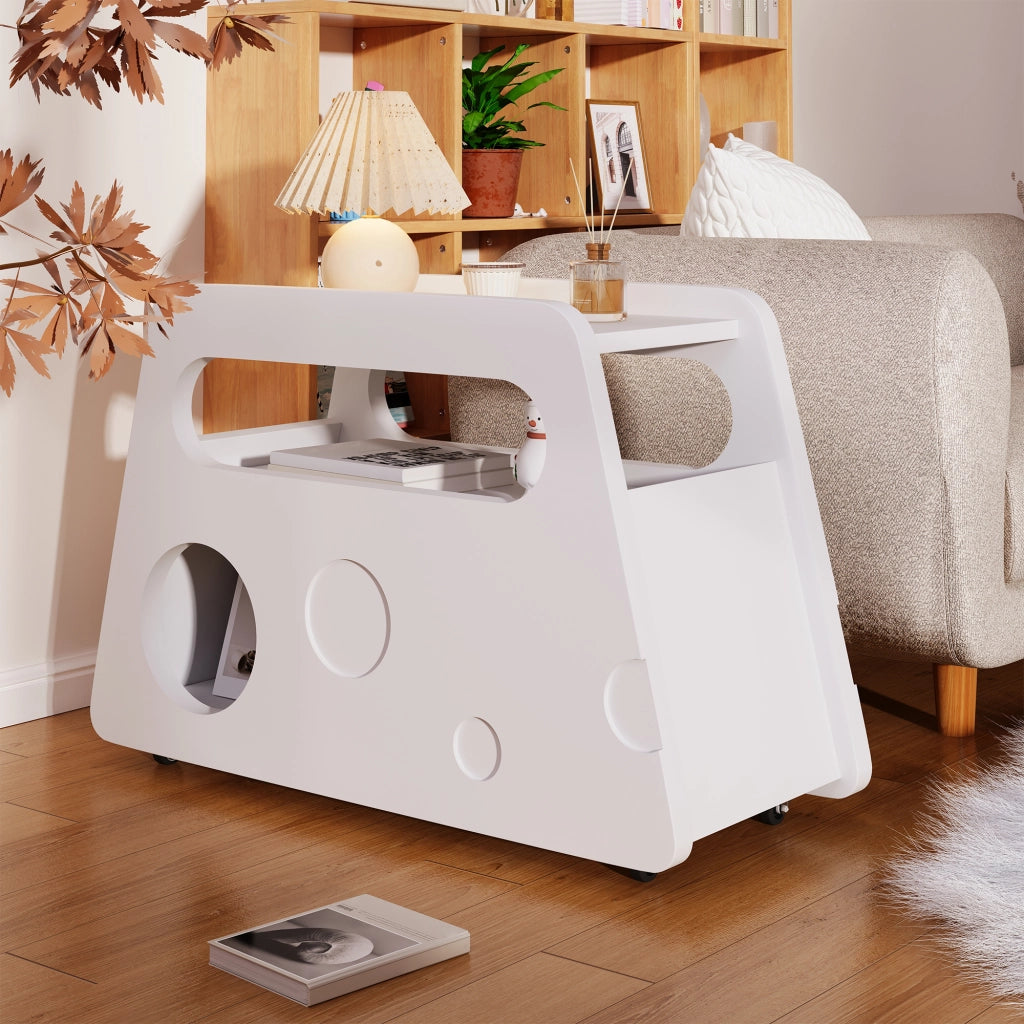 OKWISH Comodino con Ruote e Aperture Laterali, Angoli Arrotondati, per Camera da Letto, MDF, Bianco, 81 x 33 x 51.5 cm