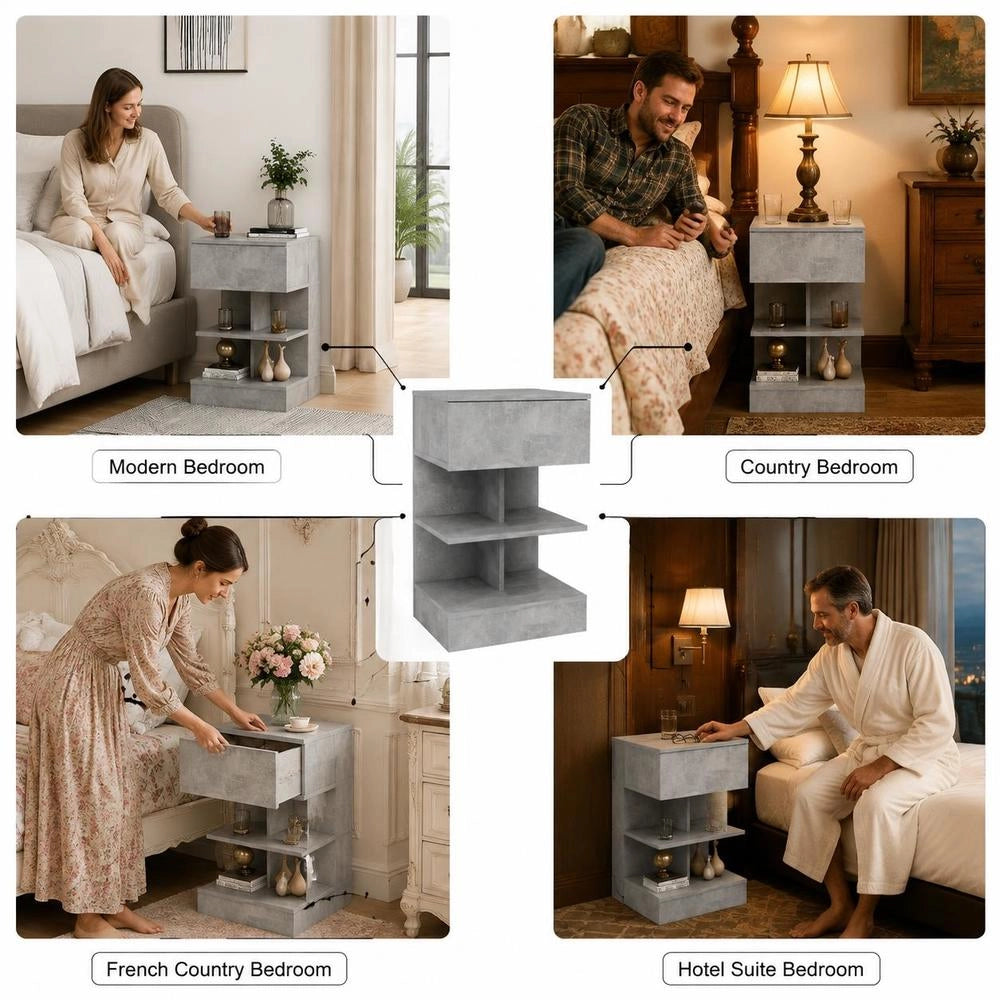 Bedside Table Concrete Grey 40x35x65 Cm Wood Material