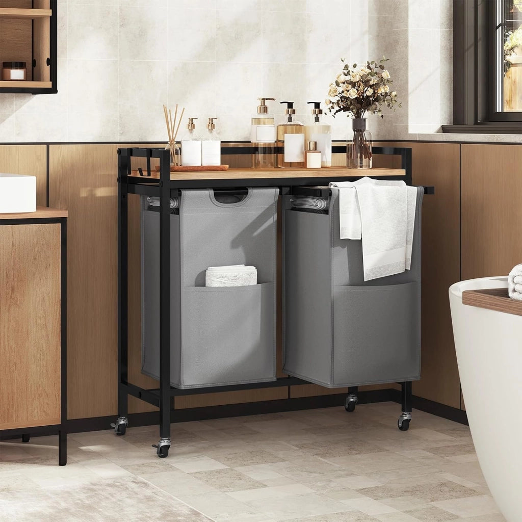 Cesto Portabiancheria, 2 Sacchi in Tessuto Oxford Rimovibili, Porta Biancheria, Struttura in Metallo, per Bagno e Lavanderia, 70x30x71cm, Capacità 40L per Cesto