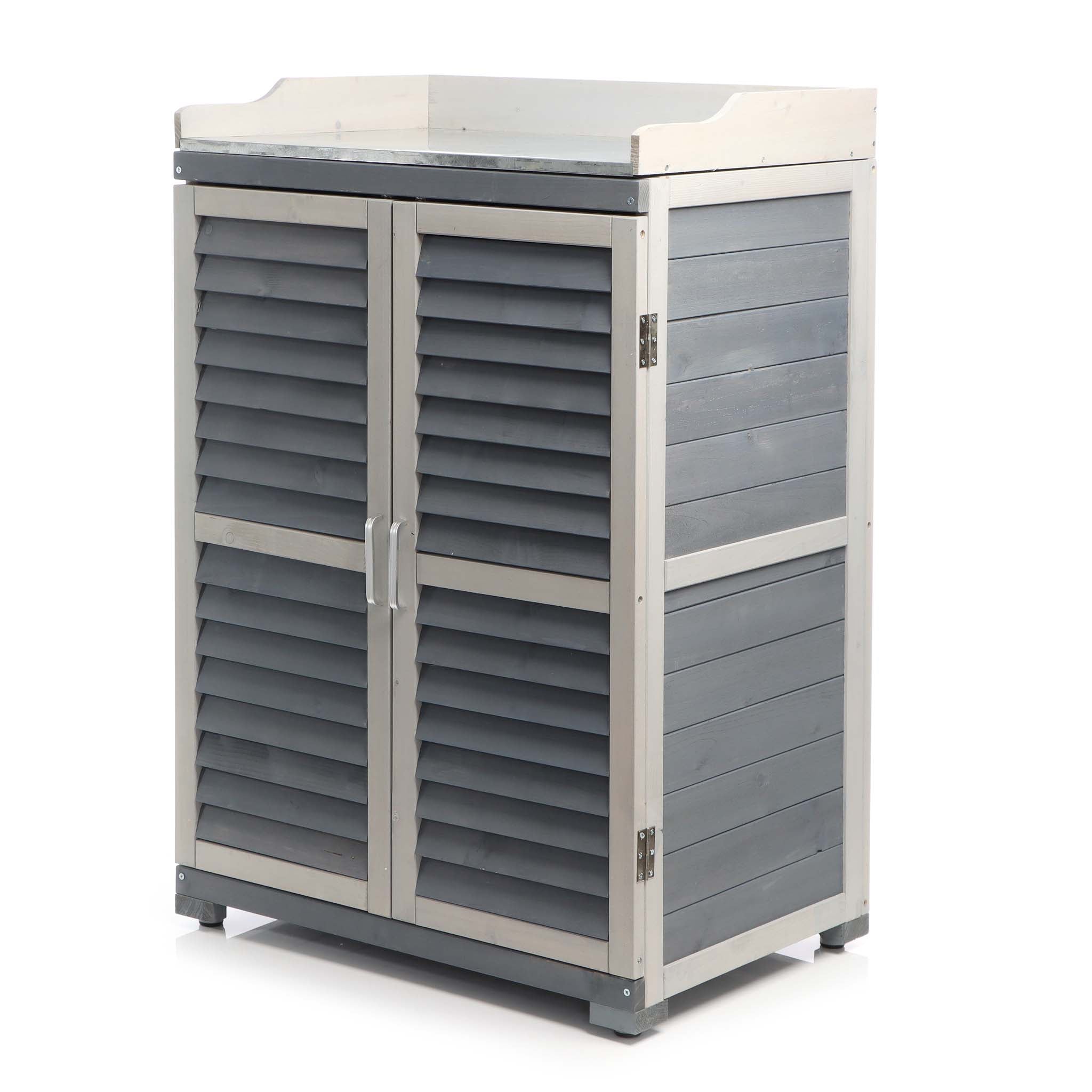 Armadietto grigio da esterno con piano di lavoro per giradinaggio, Mobile da giardino