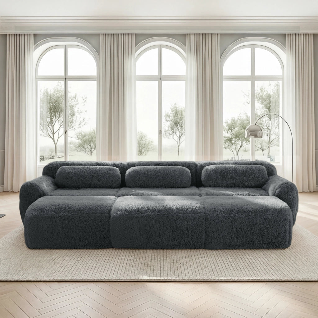 Divano Modulare 3 Posti con 3 Pouf; Divano senza Struttura per Soggiorno; in Tessuto Peluche Grigio