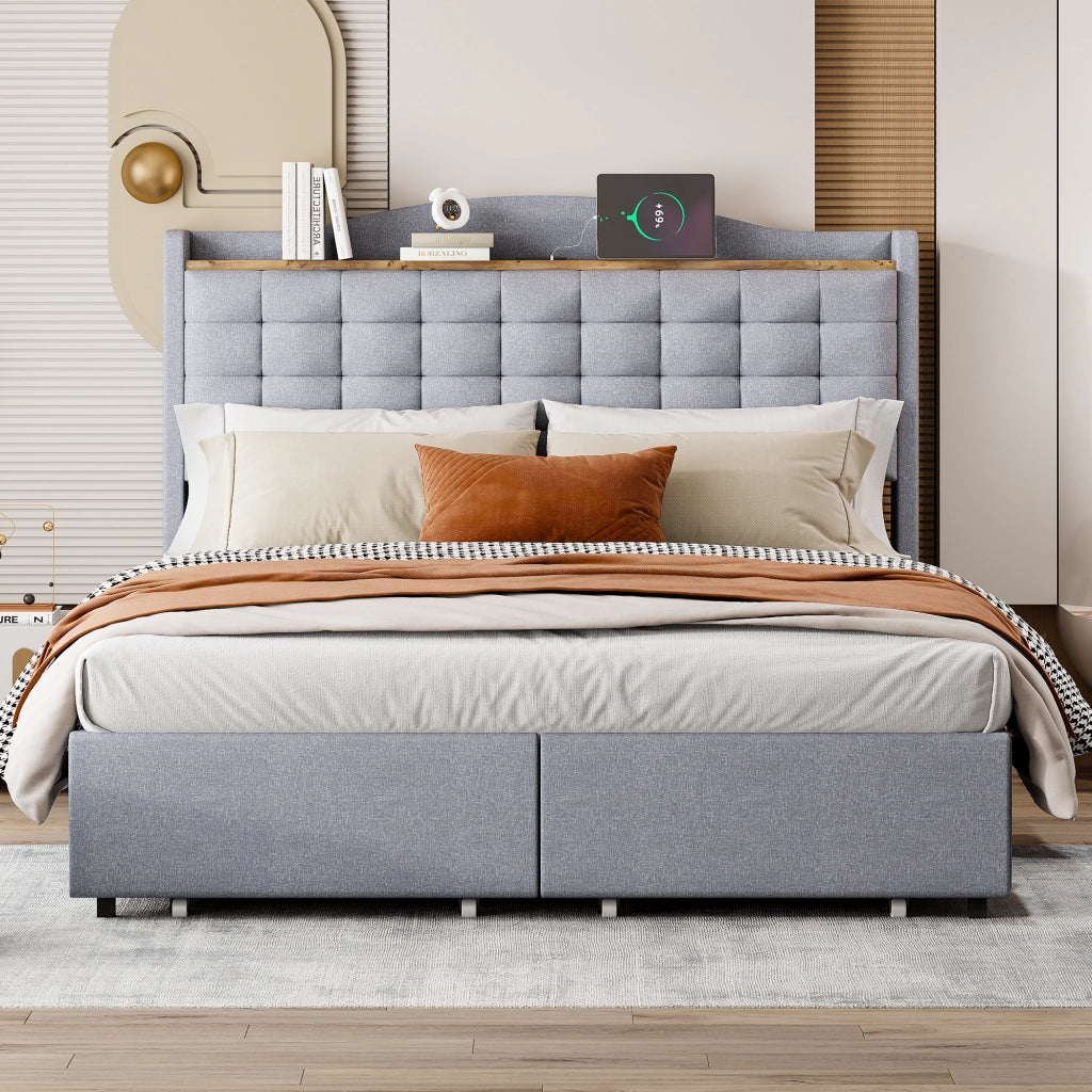 Letto Contenitore 140x200 cm; Letto Matrimoniale con USB; 4 Cassetti e Ripiano in Grigio
