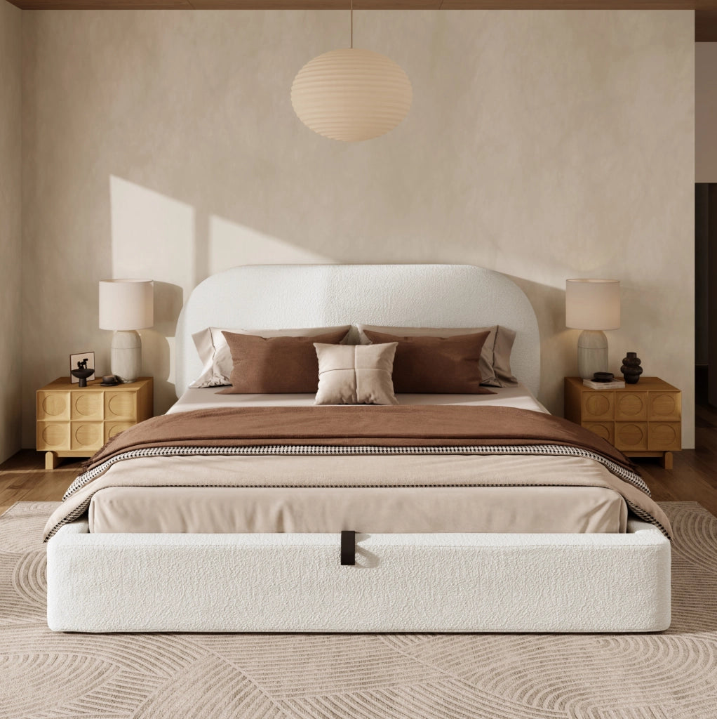 Letto matrimoniale imbottito con contenitore idraulico; testiera imbottita; beige Bouclé