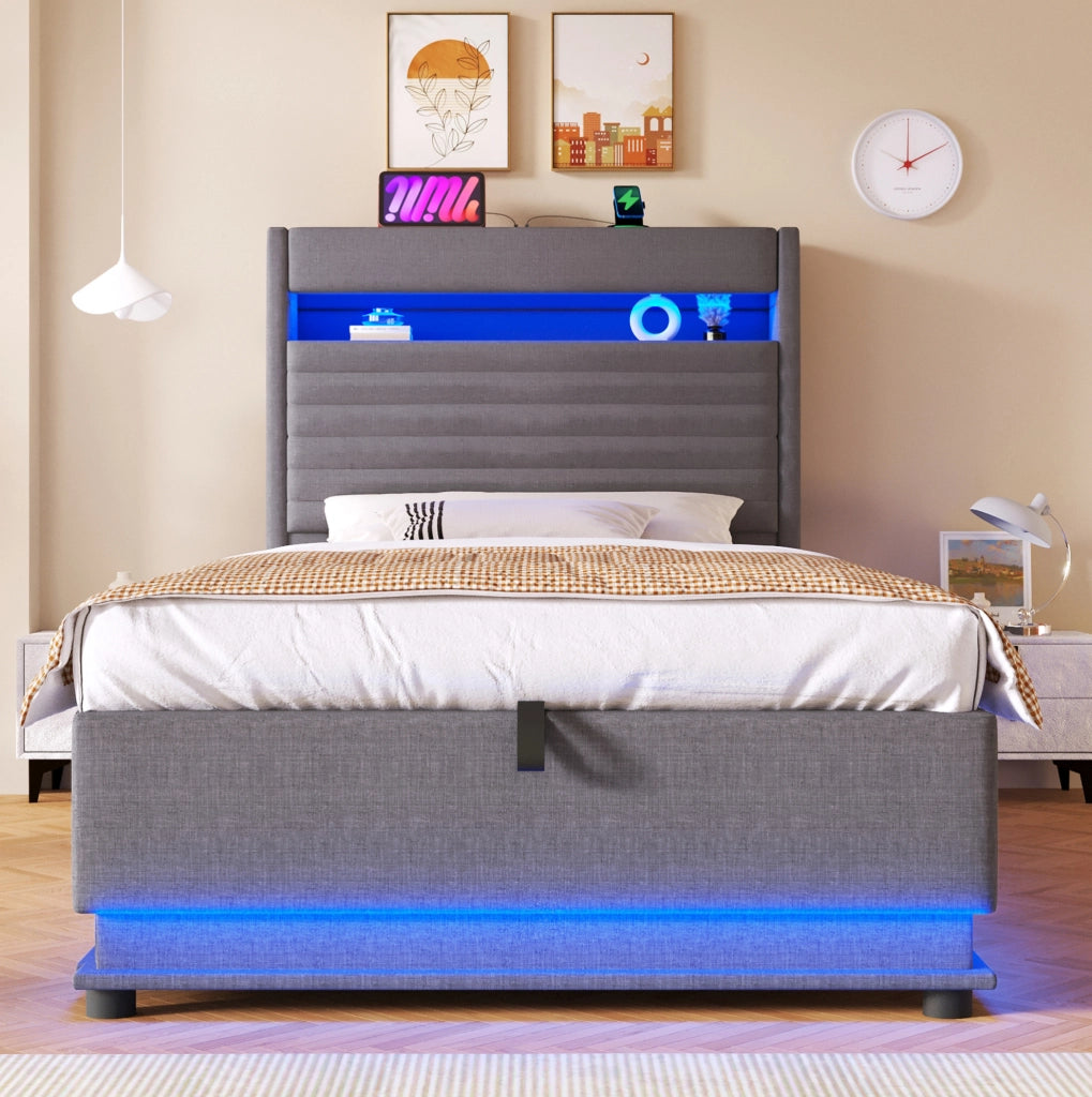 Letto imbottito 90x200 cm con contenitore; LED e ricarica USB Type-C in lino grigio