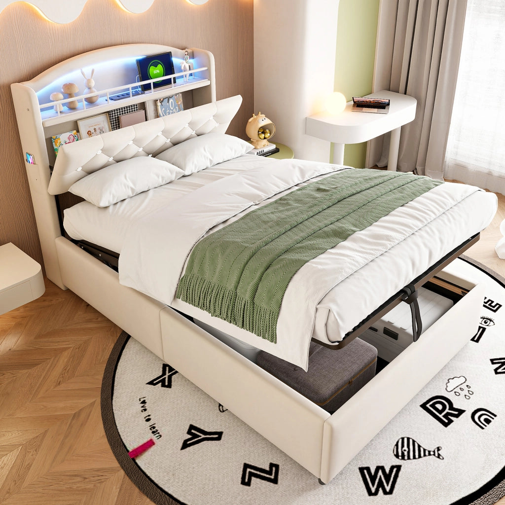 OKWISH Letto Contenitore 90×200 cm, Letto Singolo con LED Regolabile, USB, Type C e Vano Portaoggetti, senza Materasso, in Tessuto, Beige