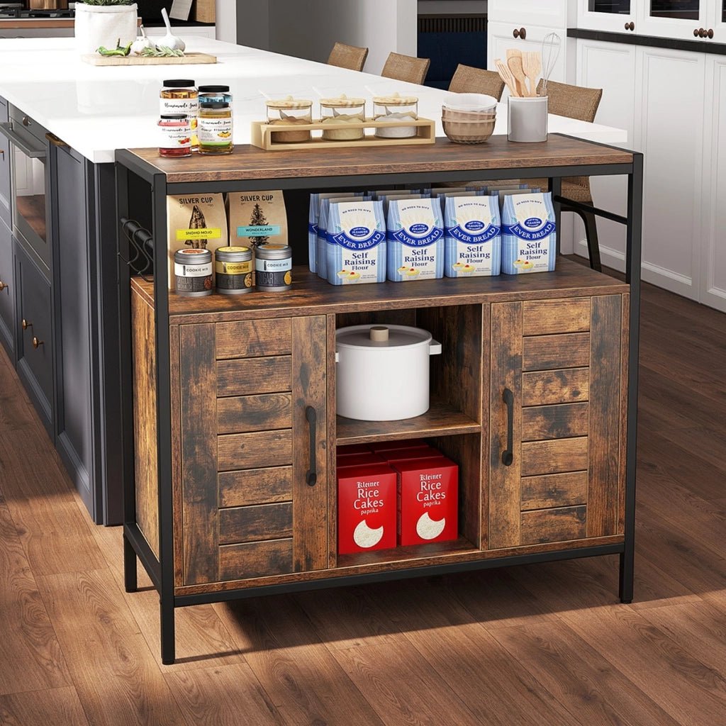 Buffet industriale per cucina con ripiani regolabili e 3 ganci, Mobili per bar da caff¨¨ con 2 porte Marrone