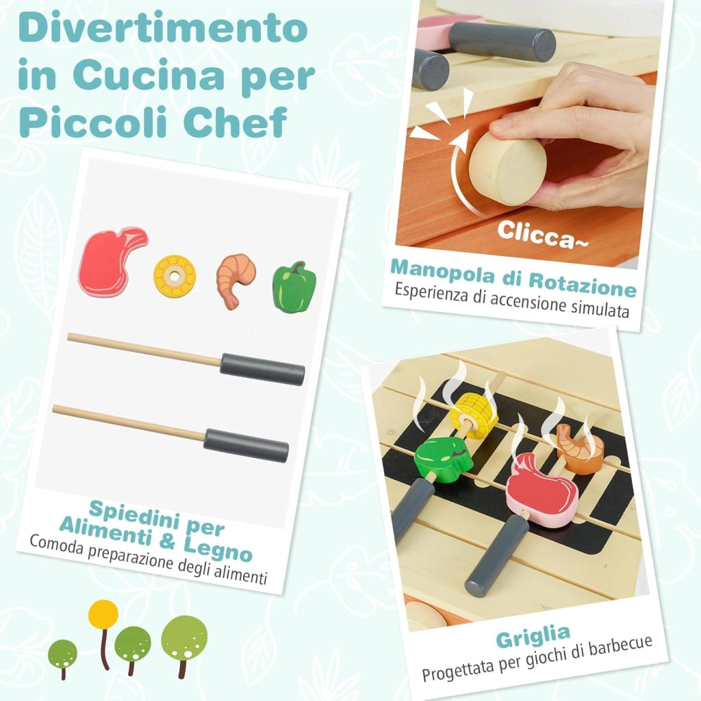 Cucina Giocattolo per Bambini, Cucinatta in Legno con Griglia, Manopola con Suoni, Cibo Giocattoloe e Lavello, Cucina di Fango Interattiva con Accessori da Giardinaggio, per Bambini 3-8 Anni
