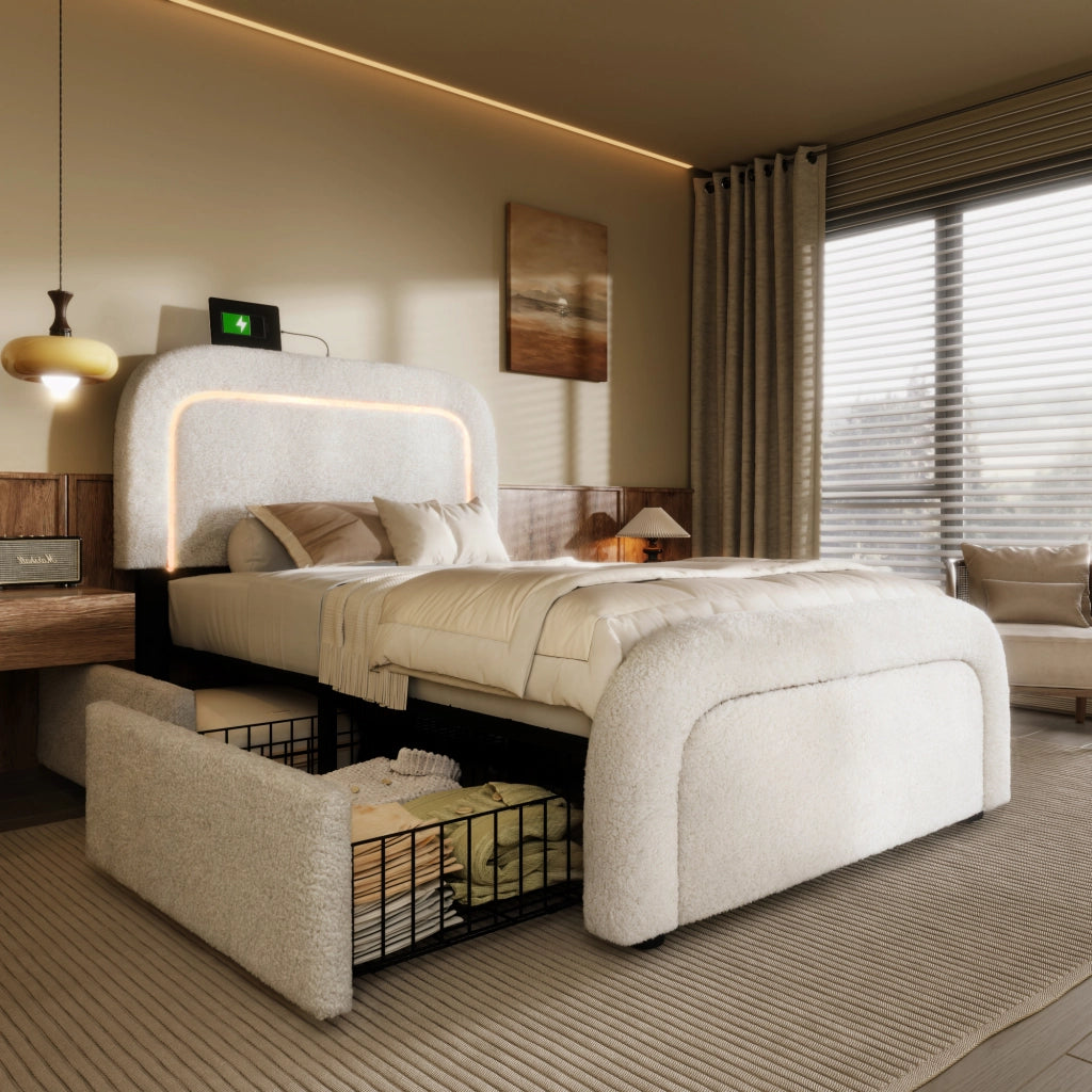 LETTO Singolo 90x200 cm Sherpa Bianco con USB Type-C, LED e 2 cassetti