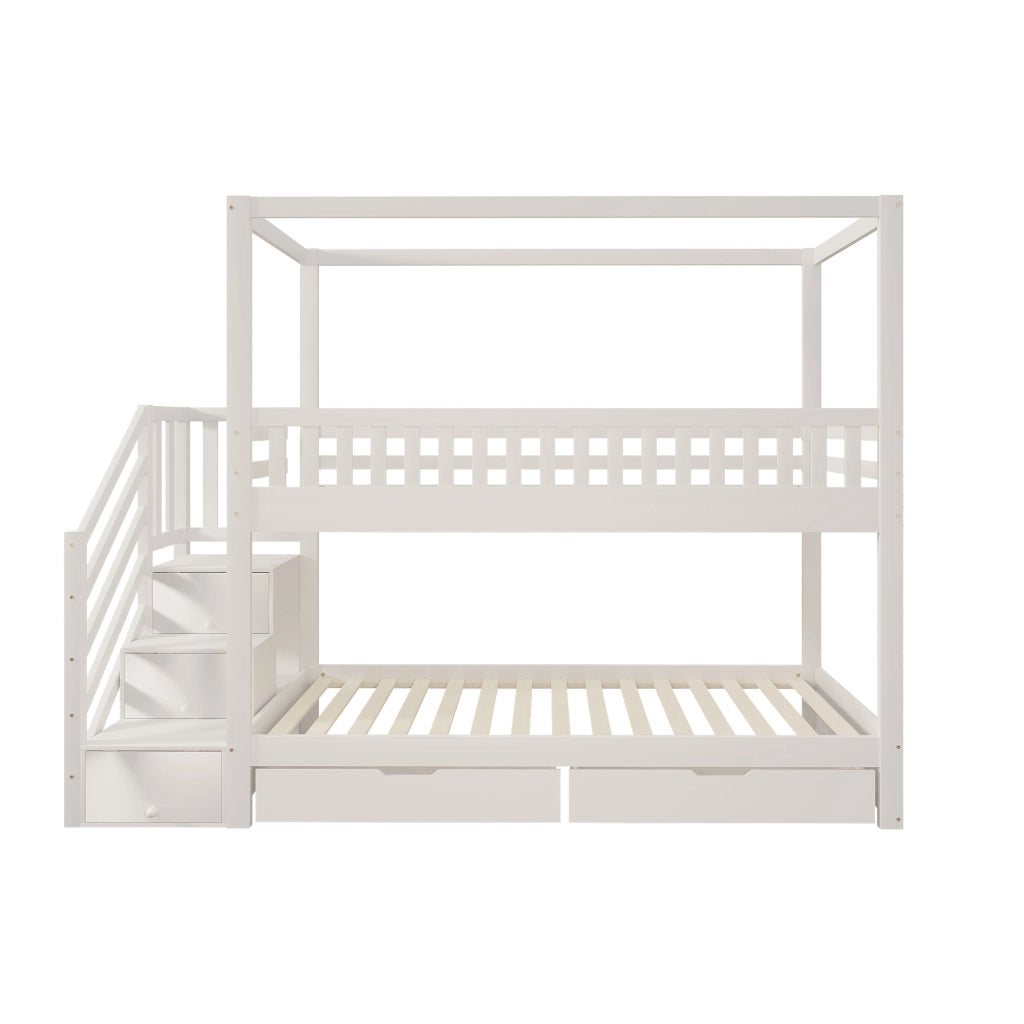 OKWISH Letto a castello 90×200 cm, Letto 2 Posti con Spondine di Sicurezza, Scala con Cassetti e 2 Cassetti, senza Materasso, Bianco
