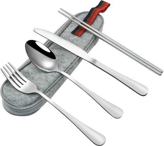 Set di cucina portatile, 4 pezzi, in acciaio inossidabile, con valigetta, set di cucina per campeggio, set di cucina riutilizzabile per lavoro, forchette, cucchiai, coltelli, bastoncini per borsa di picnic, scuola, spuntino, argento.