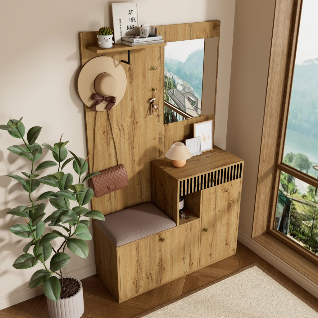Mobile Ingresso con Specchio; 2 Ante; 1 Cassetto e Seduta Imbottita; Ripiani Regolabili; in MDF; Nero e Legno; 110??37??185;5 cm