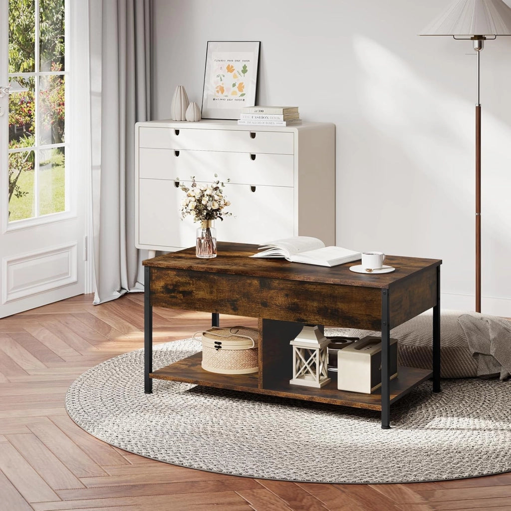 Tavolino da Caffè Sollevabile, Tavolino da Divano con Scomparto Nascosto e Aperto, Tavolino da Salotto Industriale, 90x50x(45-60) cm, Marrone Rustico, BTS15vbn