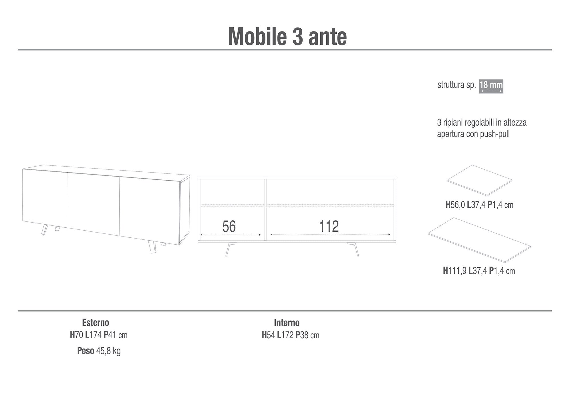 Mobile 3 Ante 174x70x41 cm Cemento/Bianco Lucido