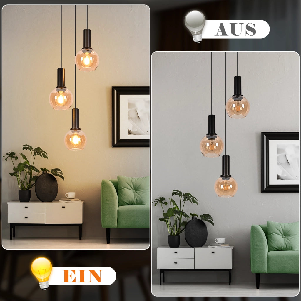 ZMH Lampada a Sospensione 3 Luci Vetro Ambra Vintage Altezza Regolabile E27 per Sala da Pranzo Cucina Senza Lampadina