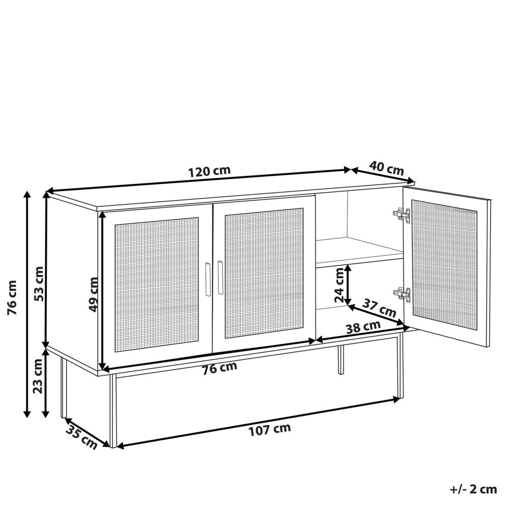 Credenza Moderna a 3 Cassetti con Fronte in Vimini 72 x 120 cm Legno Chiaro
