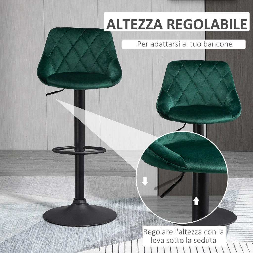 Sgabelli Alti con Schienale e Poggiapiedi ¨C Zephmum ¨C Verde Velluto Metallo 46x48x83-104 cm