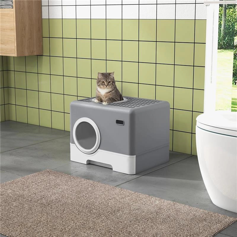 LETTIERA PER GATTI CON COPERCHIO E PALETTA, DOPPIO INGRESSO E VASSOIO ESTRAIBILE, 52X41X38.5 CM, GRIGIO
