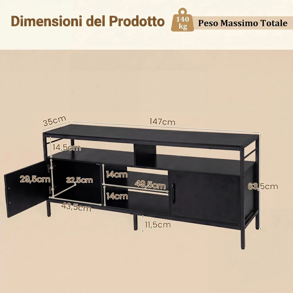 Mobile TV per Soggiorno, Mobile TV con 4 Ripiani Aperti e 2 Armadietti Chiusi, per Televisori fino a 65 Pollici, Stile Industriale con Struttura in Metallo per Camera da Letto (Nero)