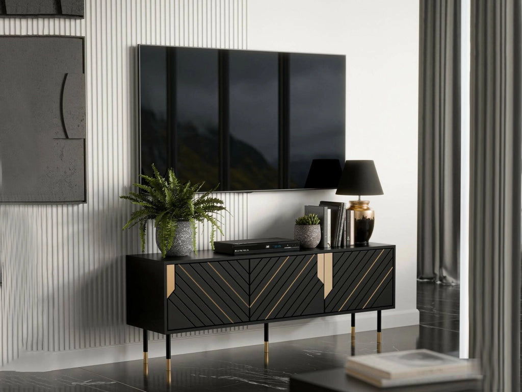 Mobile porta TV Perito, Madia da salotto con tre ante battenti e due vani interni, Rialzato da terra, 154x40 h55 cm, Nero e Oro