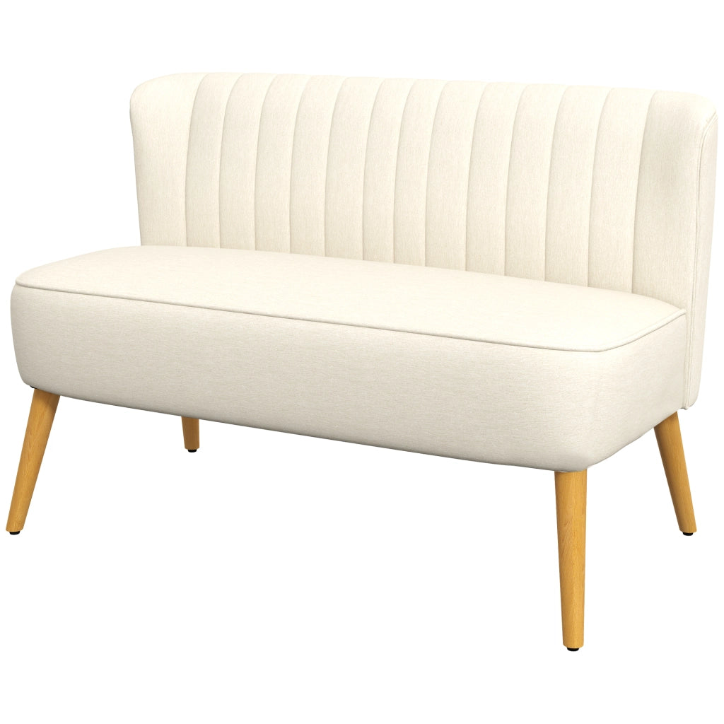 Divano 2 Posti in Tessuto Effetto Lino Senza Braccioli con Gambe in Legno, 117x56.5x77 cm, Bianco Crema