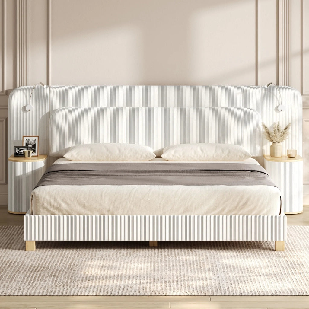 Letto 140x200 cm in velluto a coste beige, con comodino e lampada da notte