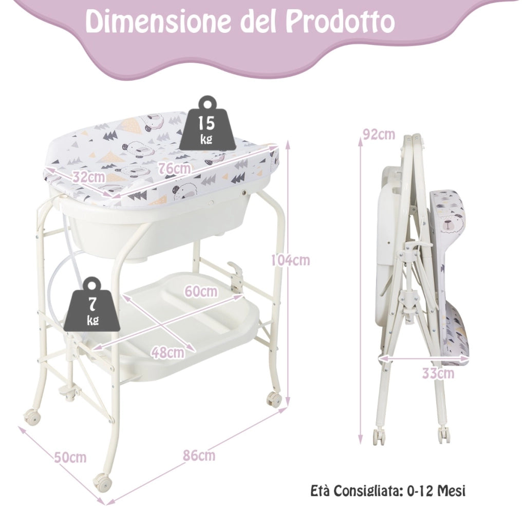 Fasciatoio per bambini con mini vasca da bagno cuscinetto in PVC, Stazione di cambio pannolini per neonati Bianco-Fasciatoi