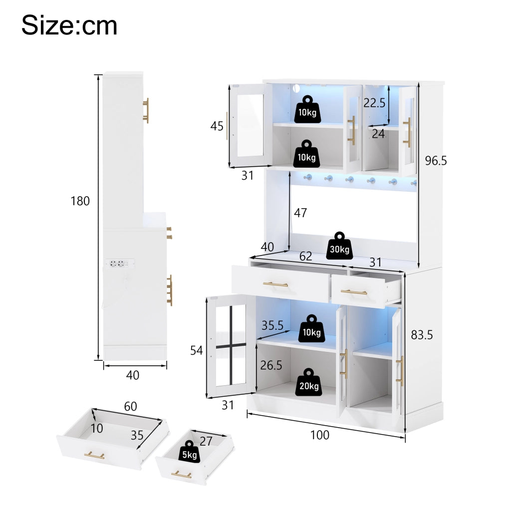 Credenza da cucina con 6 Ante; 2 Cassetti; Ripiani Regolabili e LED; Stile Rustico; in MDF; Bianco