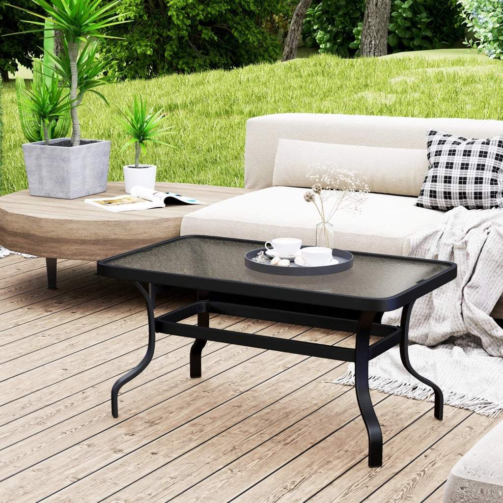Tavolino da Esterno Rettangolare 95x55x46 cm Piano in Vetro in Metallo Nero