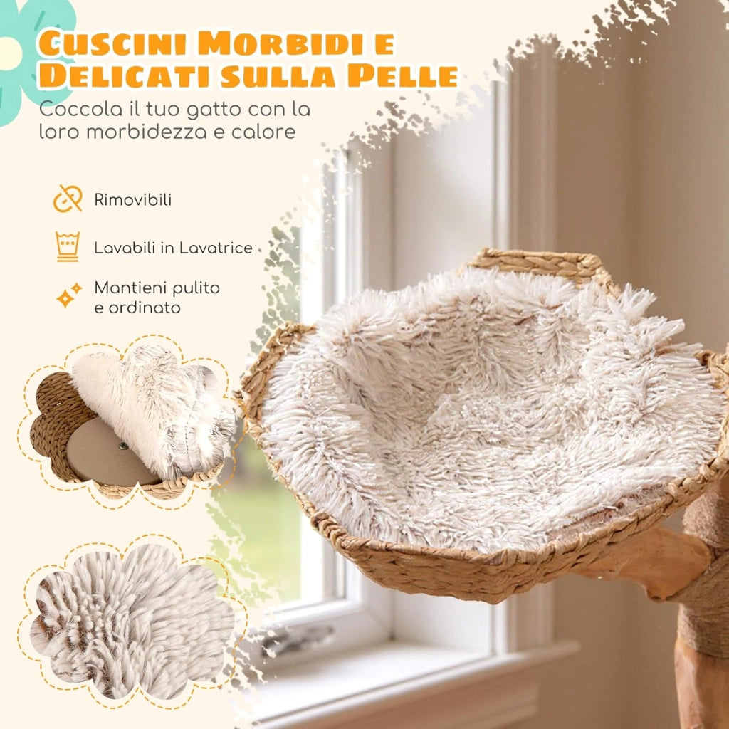 Albero per Gatti, Tiragraffi per Gattini Alta 122 cm con Ramo in Legno con Piattaforma a Fiore, 2 Cesti in Rattan, Pali Tiragraffi in Juta e Pallina Pendente, Mobile per Gatti da Interno
