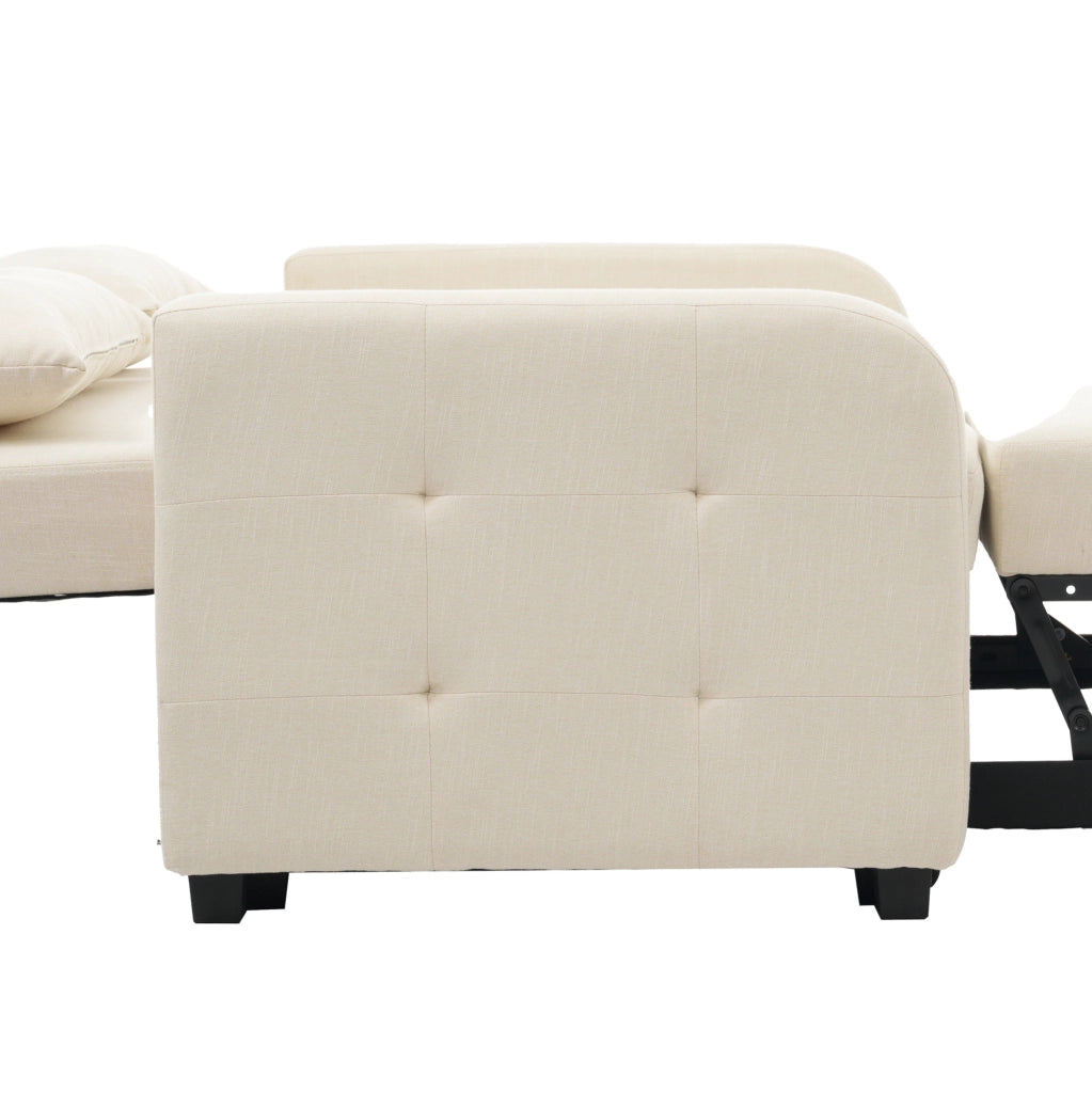 Divano letto pieghevole beige con schienale regolabile e due cuscini per ambienti compatti