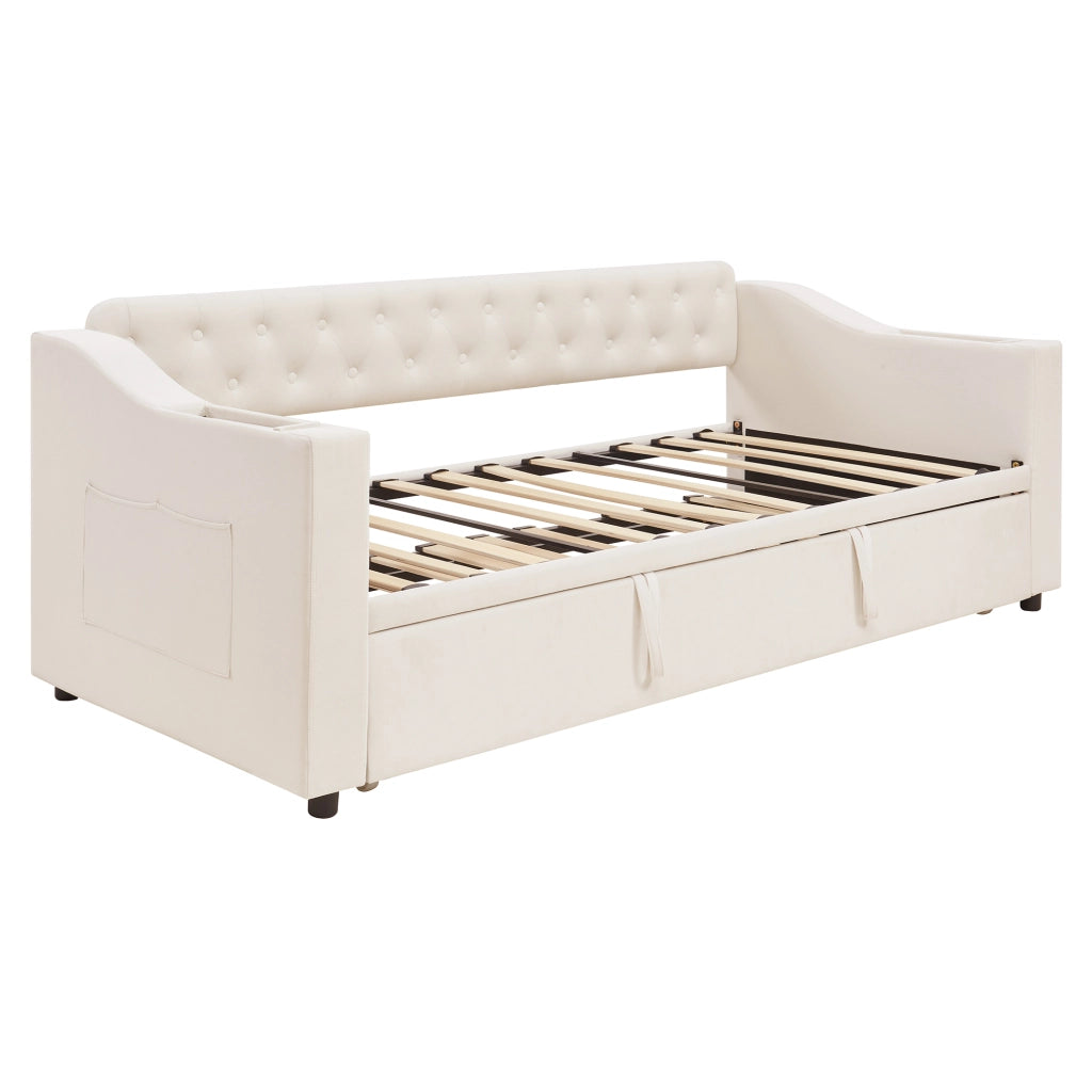 Letto estraibile singolo 90×190 cm con USB; vani portaoggetti e rete; senza materasso; beige