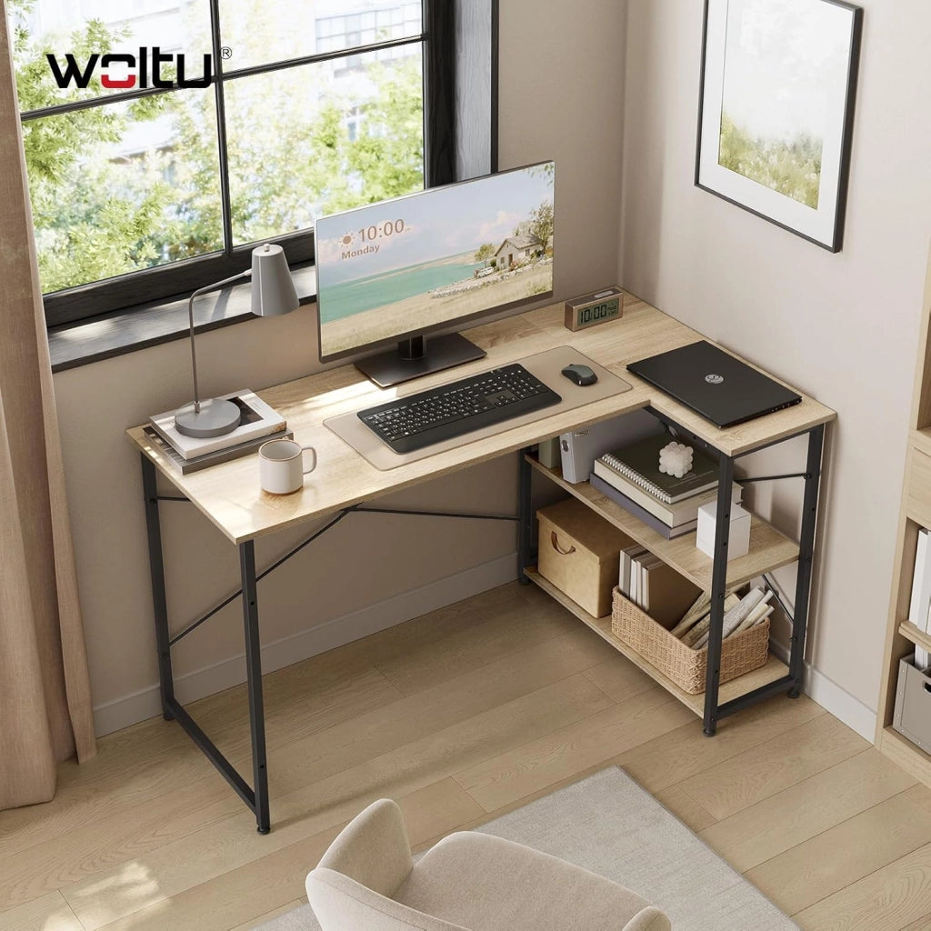 Scrivania Ufficio a L Compatta con Libreria Integrata - Design Salvaspazio per Studio/Camera, 120x73x72 cm, Rovere Naturale e Nero