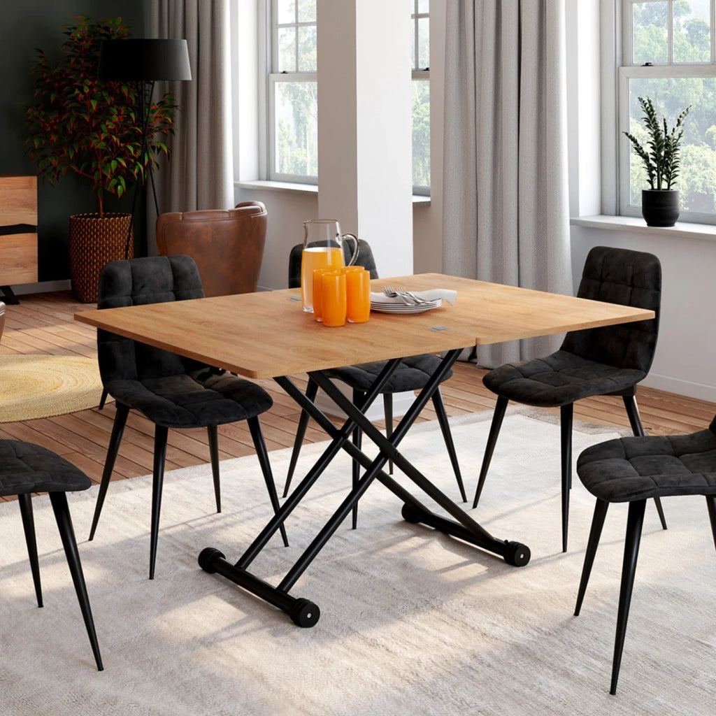 IDMarket - Tavolino 2 in 1 URBANA, trasformabile in tavolo da pranzo rettangolare, 100 cm, legno e nero, design industriale